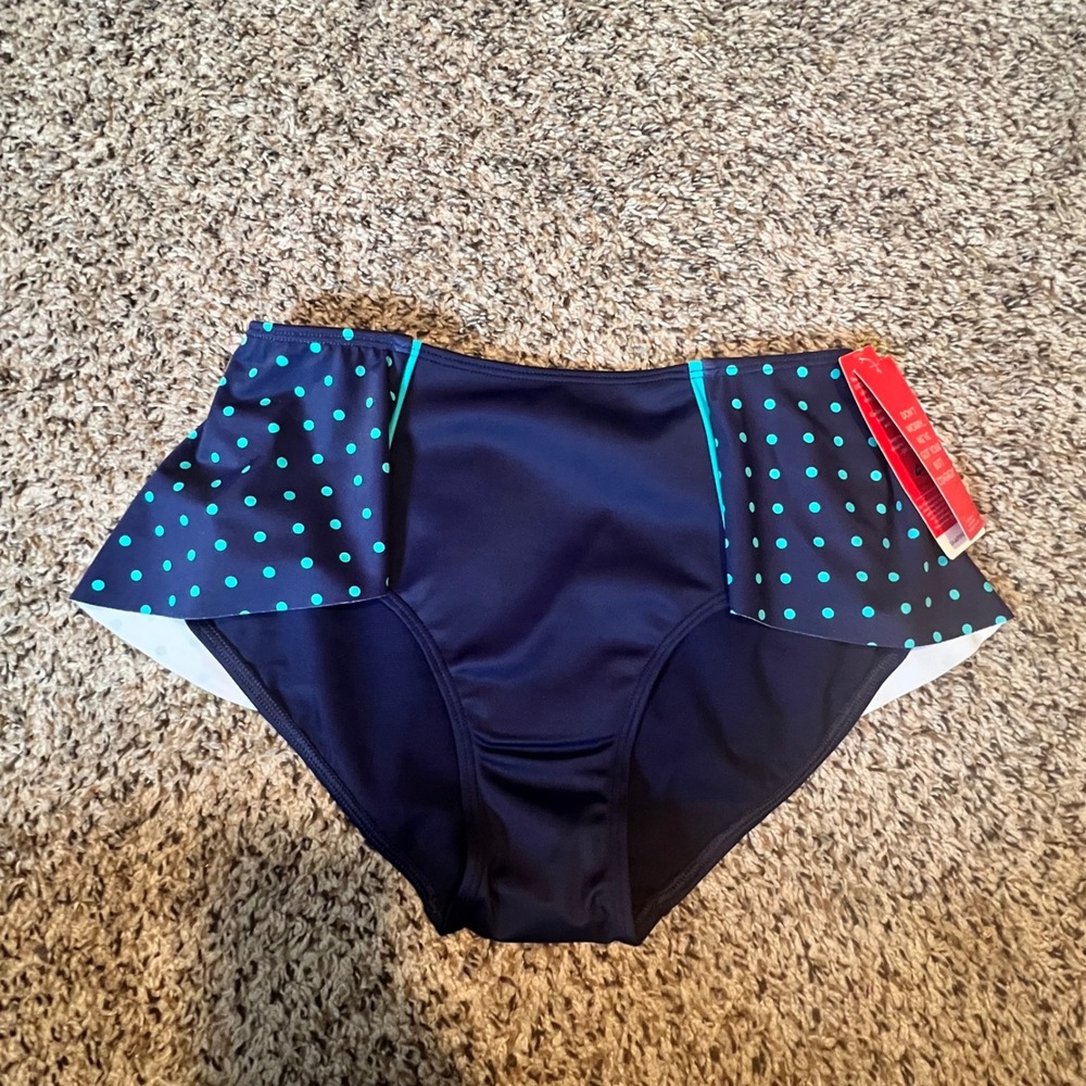 Spanx Flirty Skirted Swim Bottom Navy Teal Polka Dot Style 2680 Women Size 6 NWT